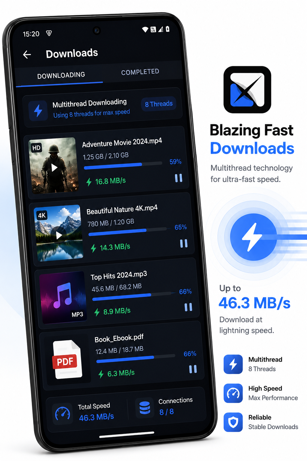 Downloads screen showing multithread downloading at 46.3 MB/s