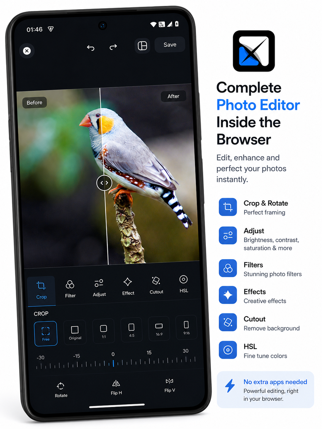 Built-in photo editor with crop and filter tools