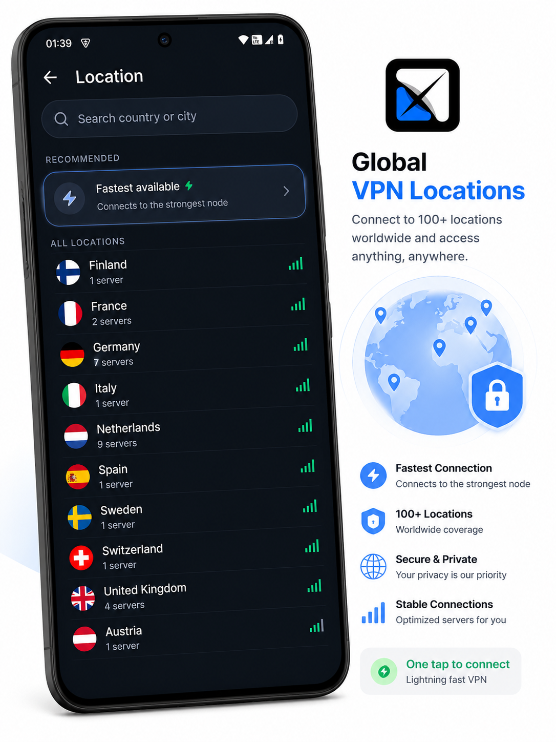 Proxy location picker listing servers across Europe