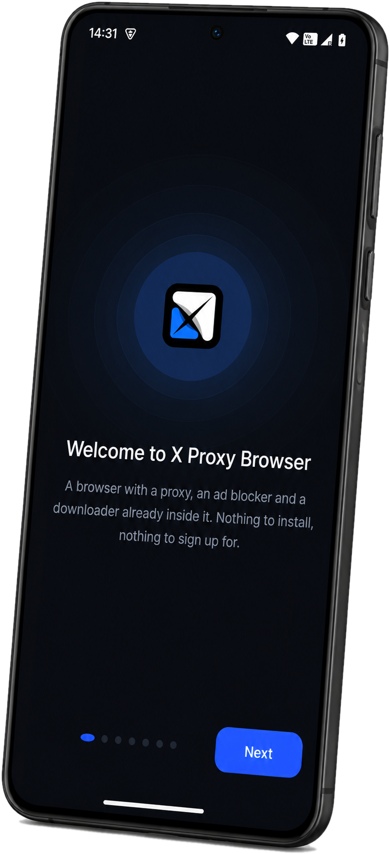 X Proxy Browser welcome screen on an Android phone