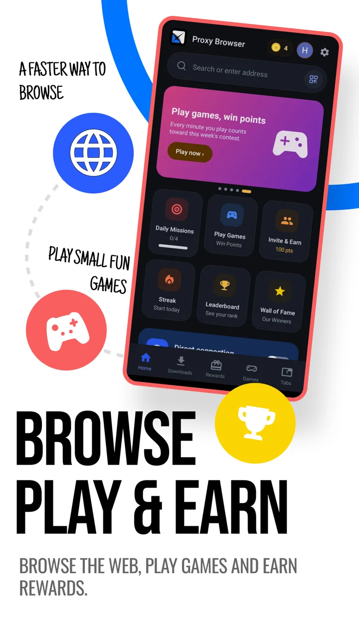 X Proxy Browser home screen: browse, play and earn points