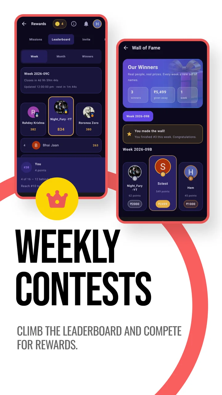 Weekly leaderboard and the Wall of Fame of past winners