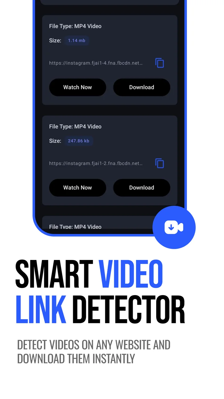 Media detector listing captured video links with download buttons