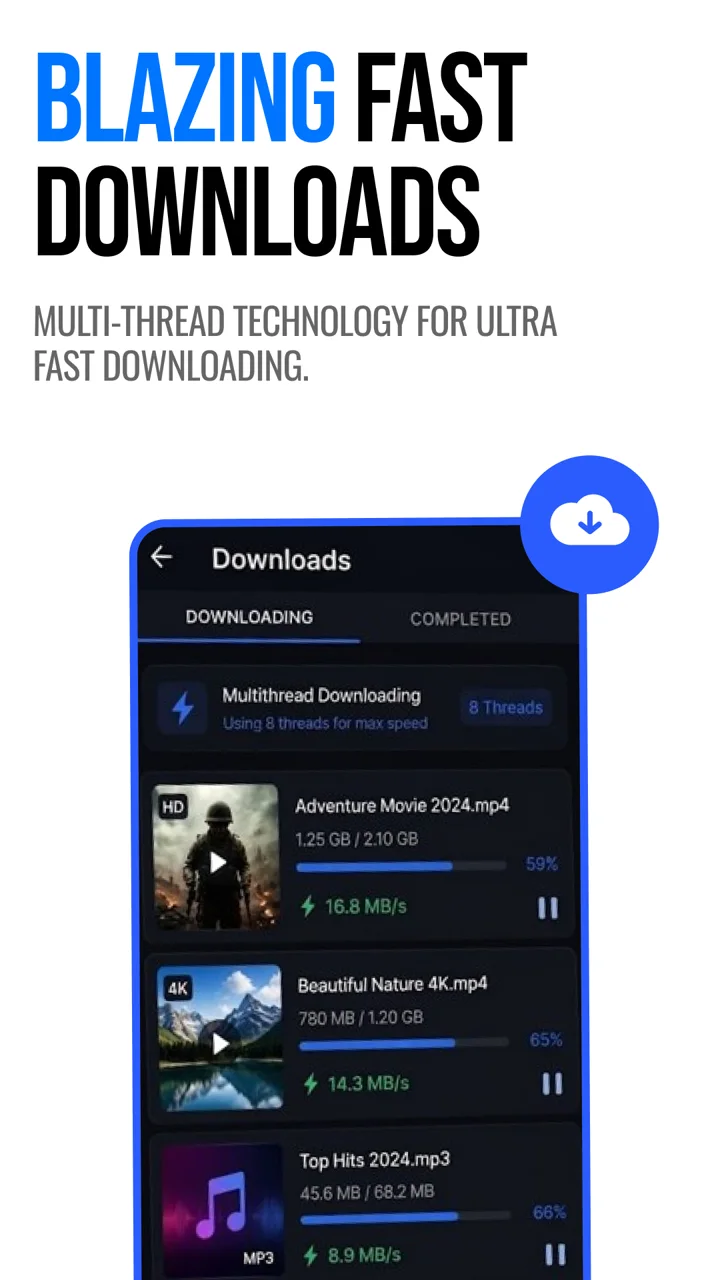 Downloads screen showing multithread downloading