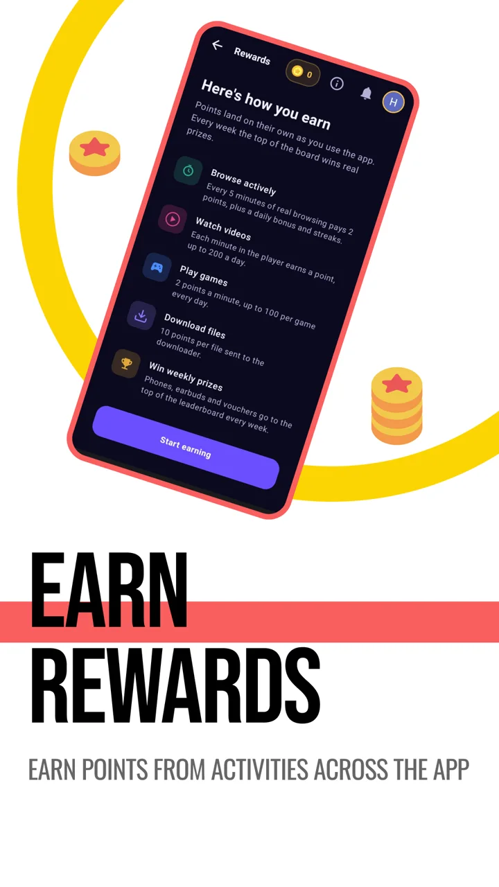 How you earn: browsing, videos, games, downloads and weekly prizes