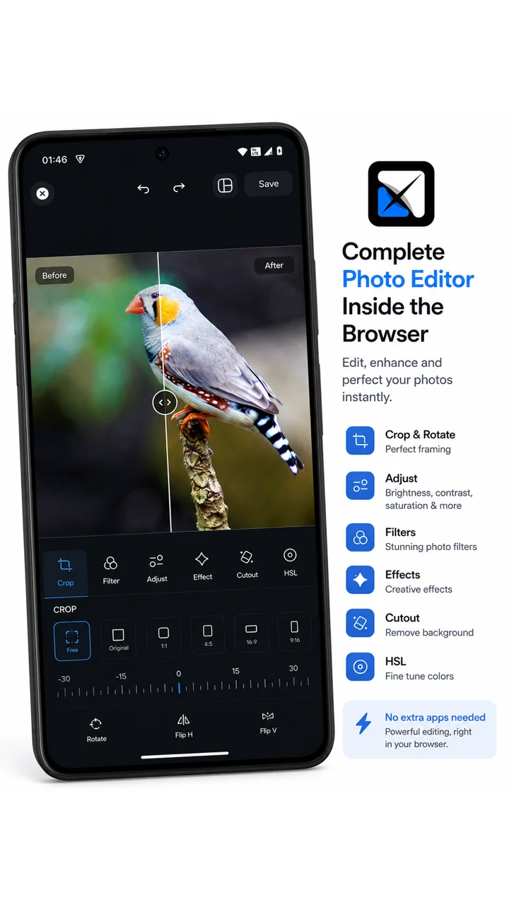 Built-in photo editor with crop and filter tools