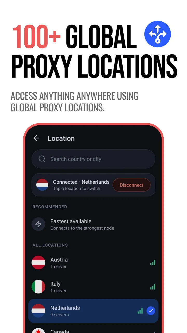 Proxy location picker listing servers across Europe